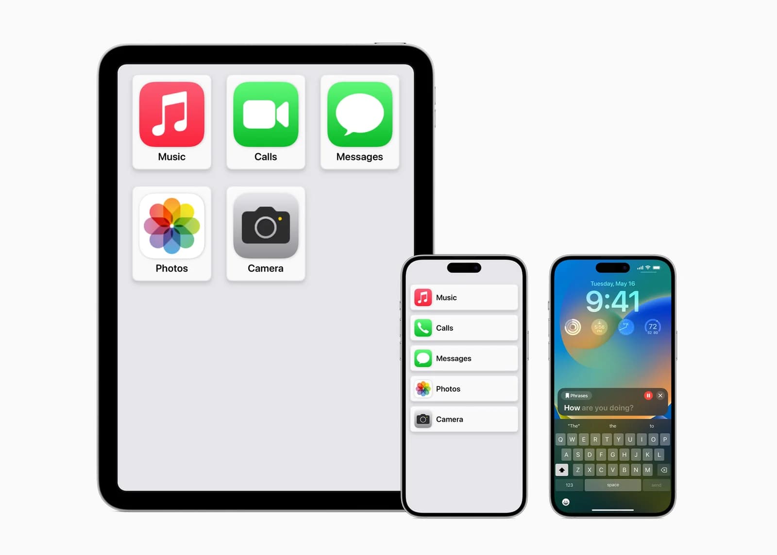 Assistive Access и Live Speech — официальная иллюстрация Apple 2023 года