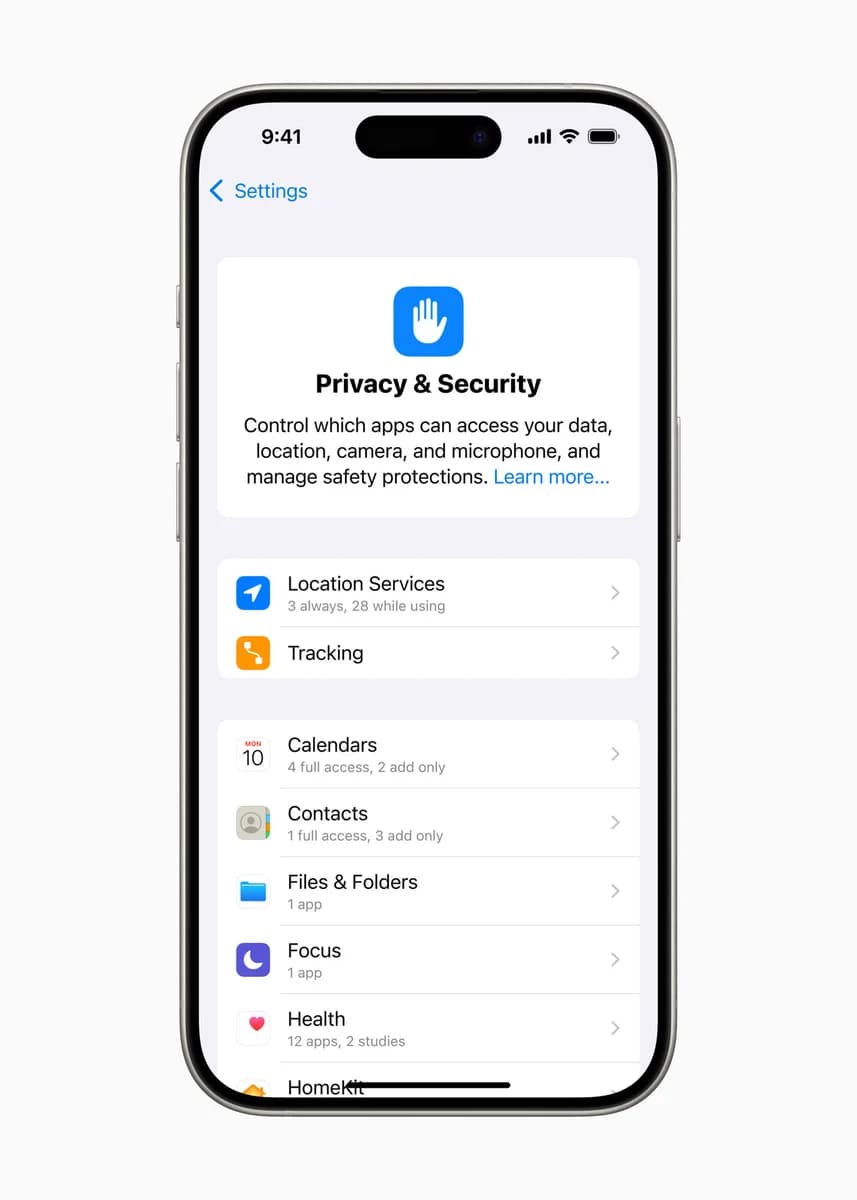 Раздел приватности и безопасности iOS 18 — изображение Apple