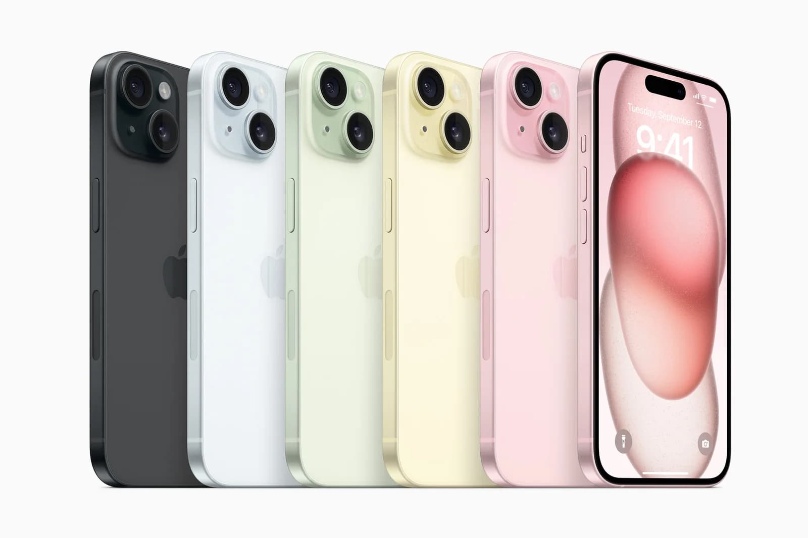 Пять цветов iPhone 15 — официальное изображение Apple к анонсу 2023 года