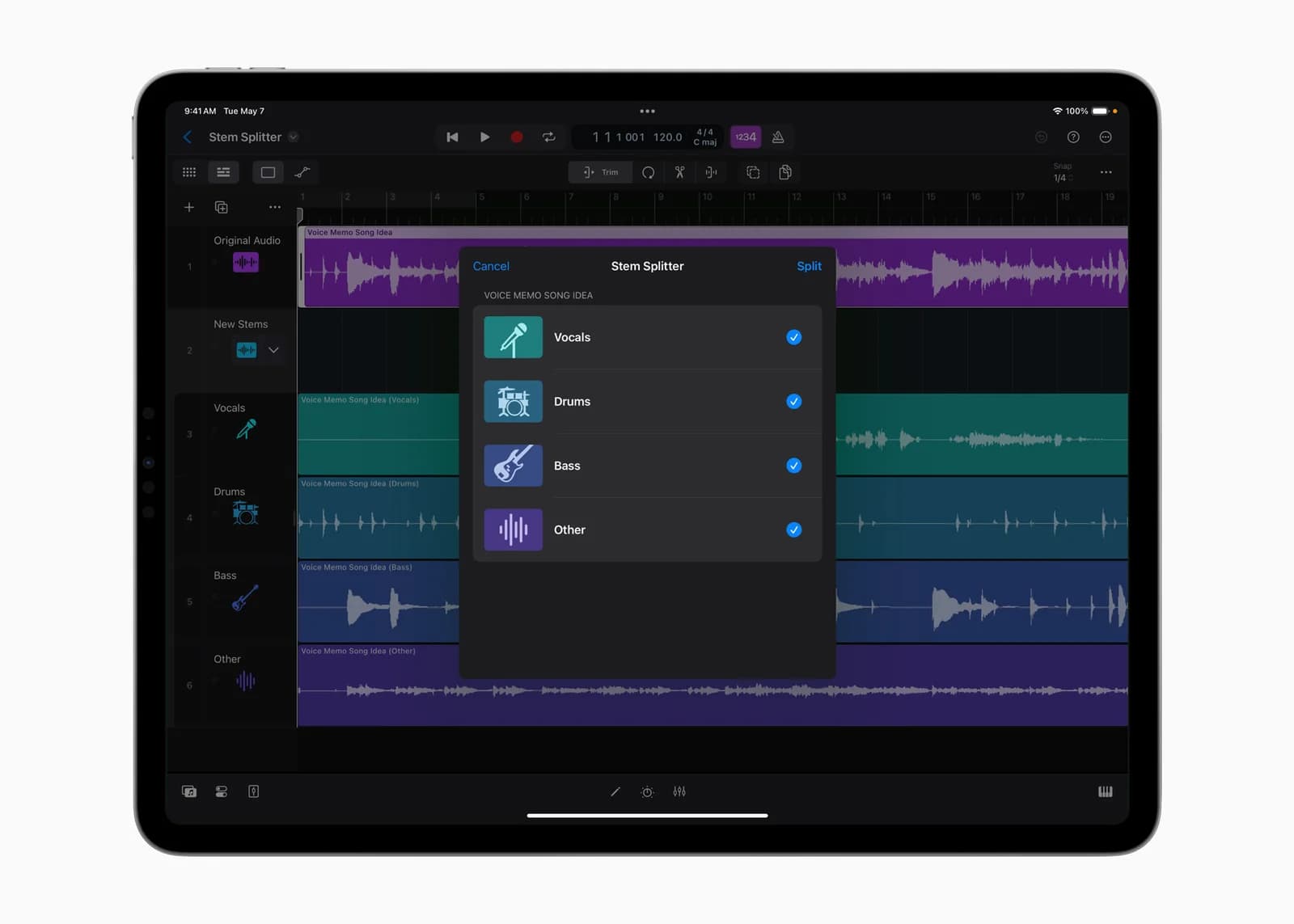 Разделение записи Stem Splitter в Logic Pro — изображение Apple