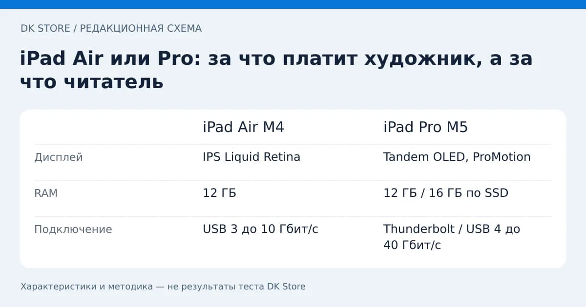 Сравнительная таблица iPad Air M4 и iPad Pro M5: Дисплей, RAM, Подключение