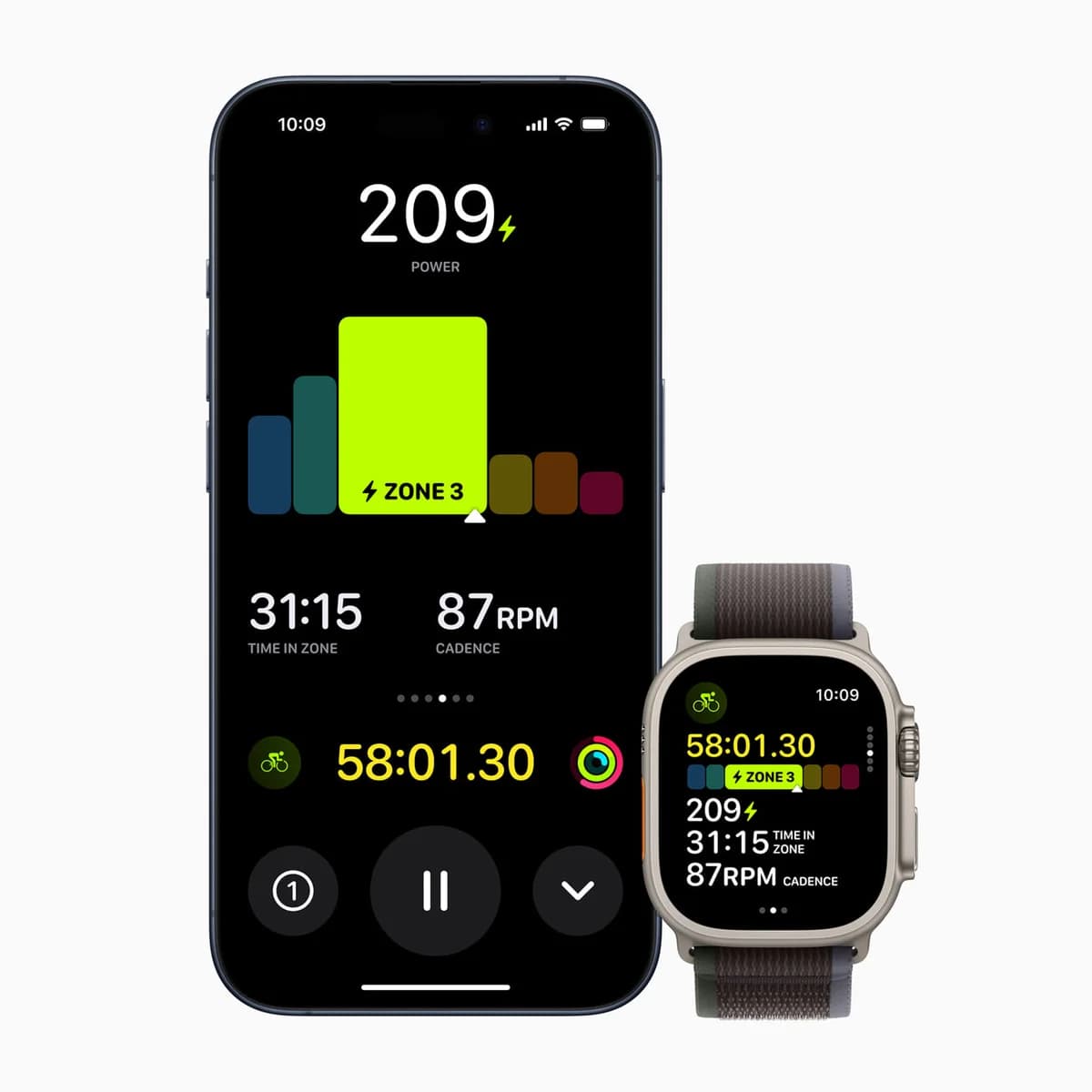 Велосипедная тренировка на iPhone и Apple Watch в watchOS 10 — иллюстрация Apple