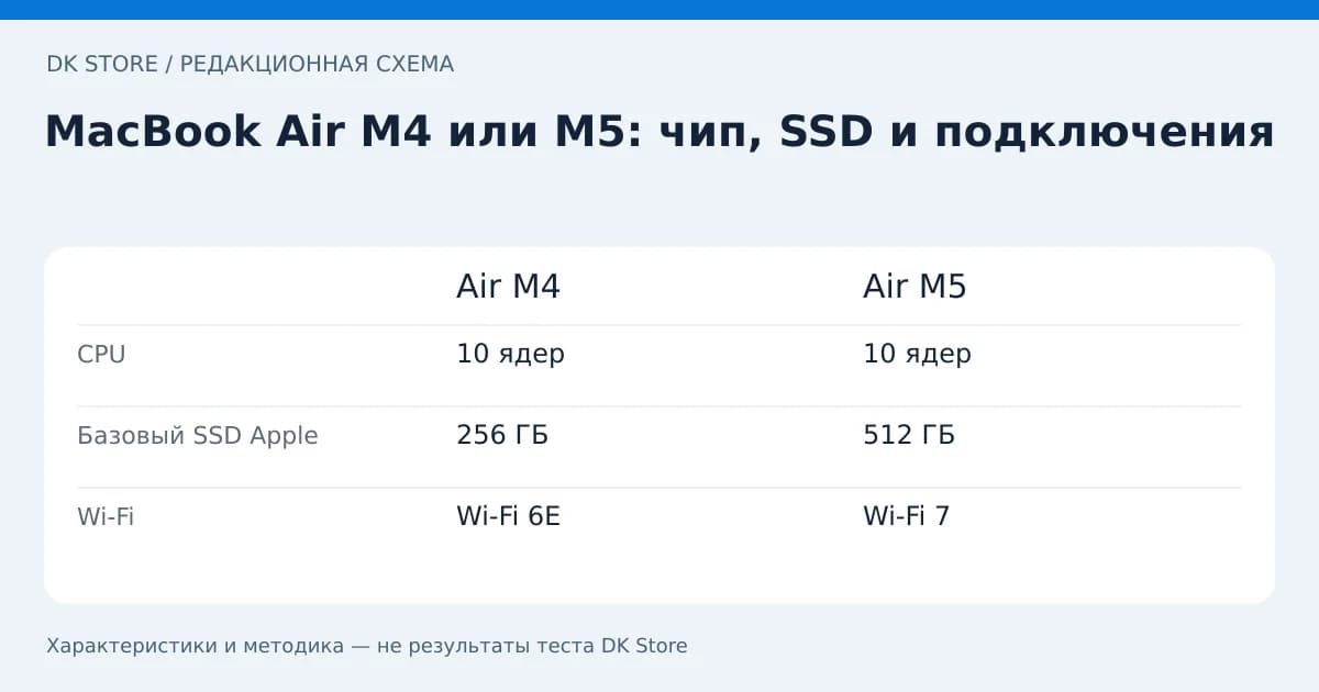 Сравнительная таблица Air M4 и Air M5: CPU, Базовый SSD Apple, Wi-Fi