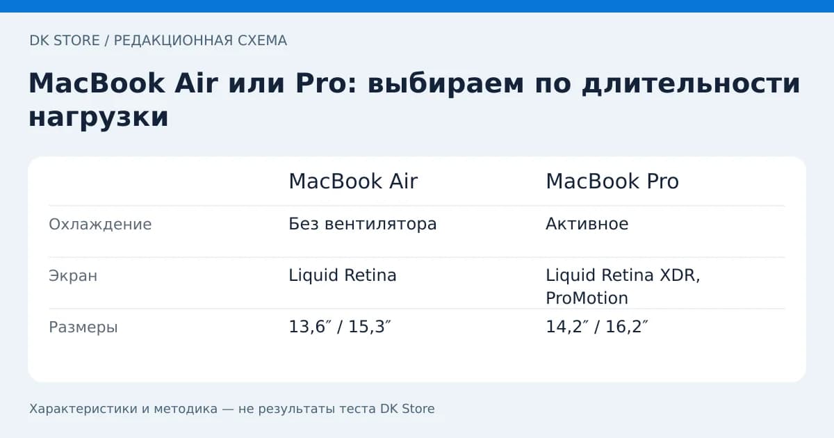 Сравнительная таблица MacBook Air и MacBook Pro: Охлаждение, Экран, Размеры