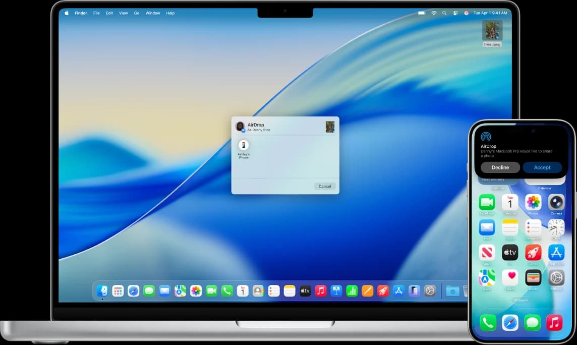 Передача документа через AirDrop с Mac на iPhone — иллюстрация Apple
