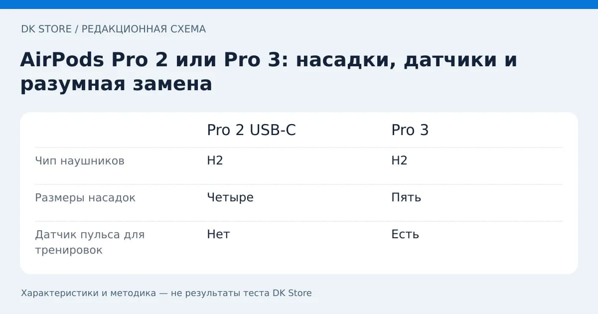 Сравнительная таблица Pro 2 USB-C и Pro 3: Чип наушников, Размеры насадок, Датчик пульса для тренировок