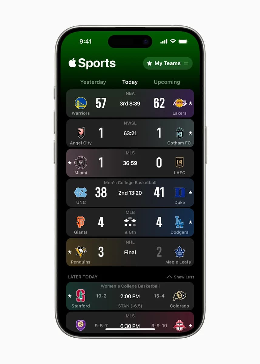 Избранные команды в Apple Sports — официальное изображение Apple 2024 года