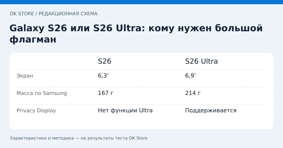 Сравнительная таблица S26 и S26 Ultra: Экран, Масса по Samsung, Privacy Display