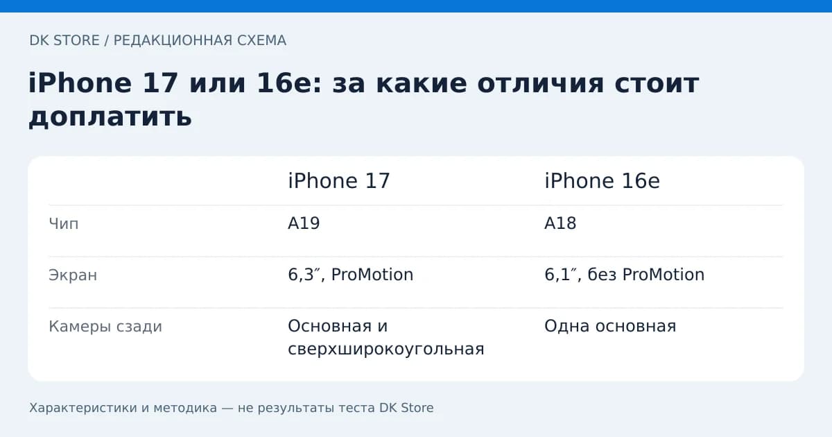 Сравнительная таблица iPhone 17 и iPhone 16e: Чип, Экран, Камеры сзади