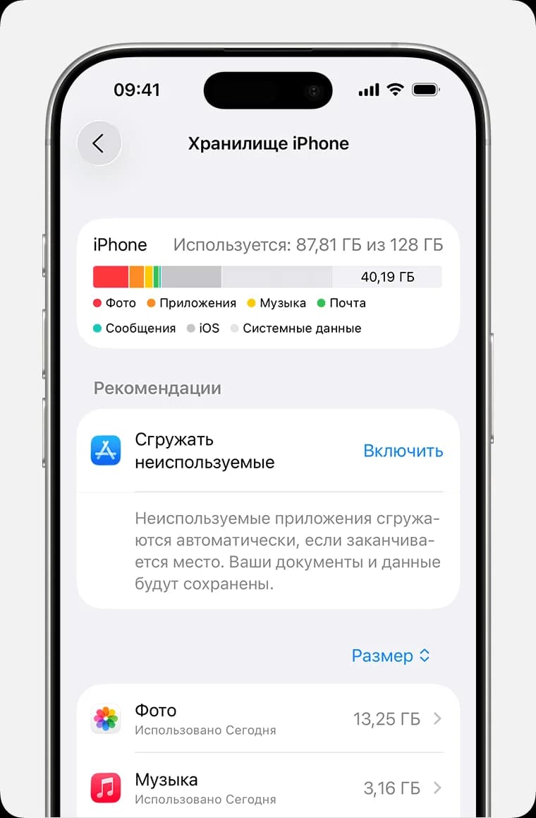 Использование встроенной памяти iPhone — скриншот Apple