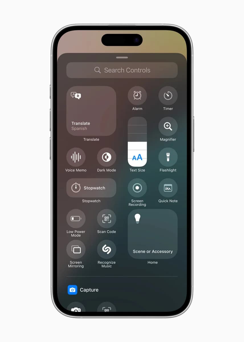 Настраиваемый Пункт управления iOS 18 — официальное изображение Apple