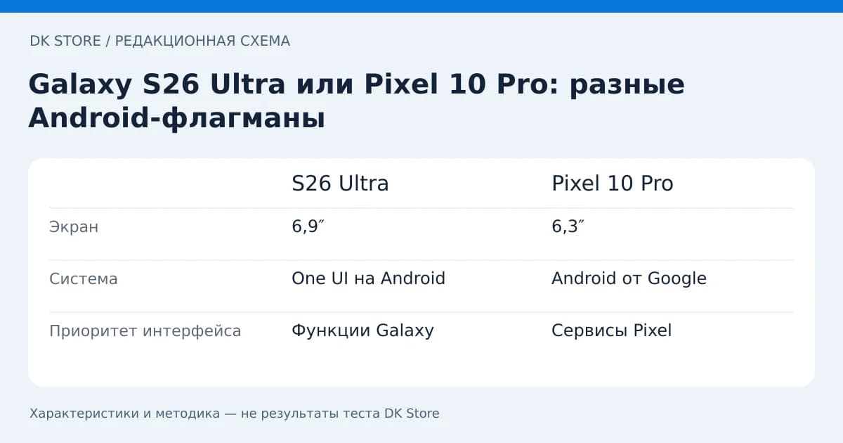 Сравнительная таблица S26 Ultra и Pixel 10 Pro: Экран, Система, Приоритет интерфейса