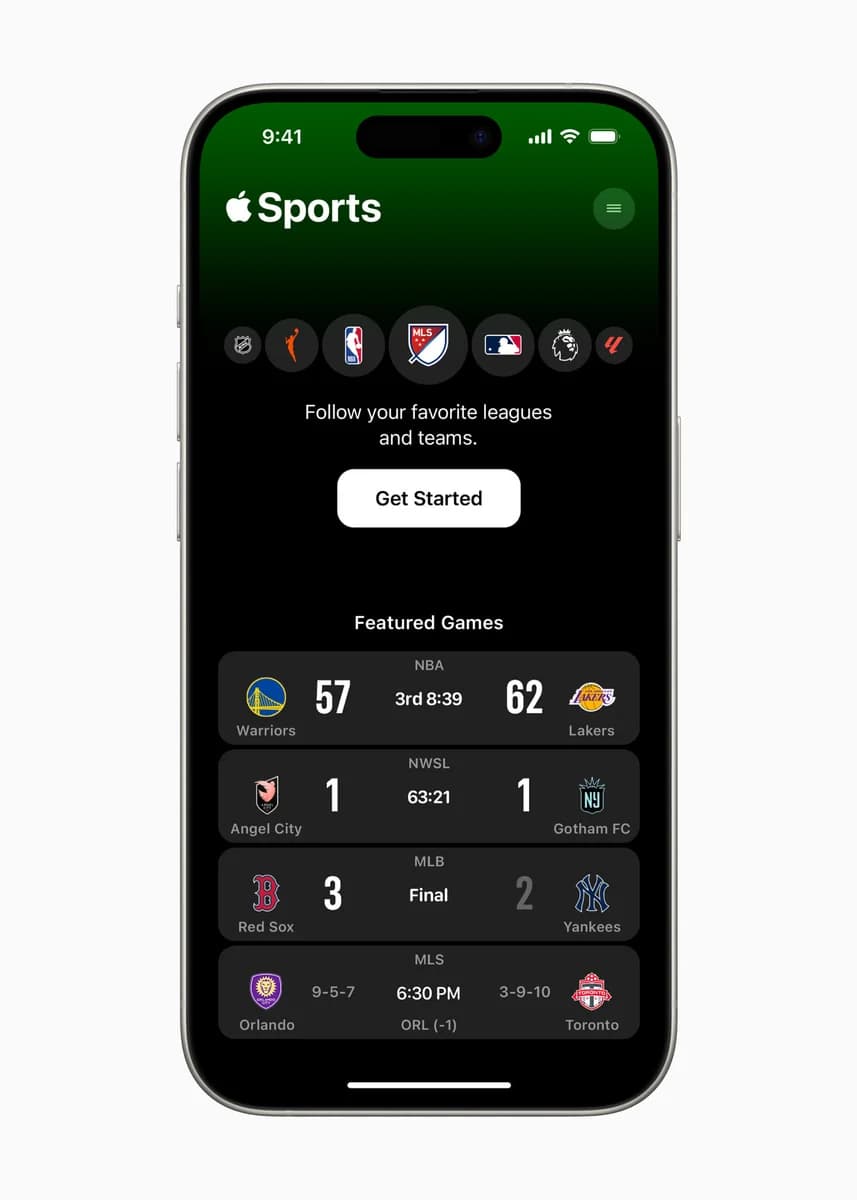 Экран приветствия Apple Sports — официальное изображение Apple 2024 года