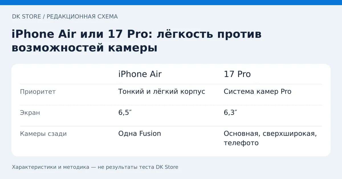Сравнительная таблица iPhone Air и 17 Pro: Приоритет, Экран, Камеры сзади