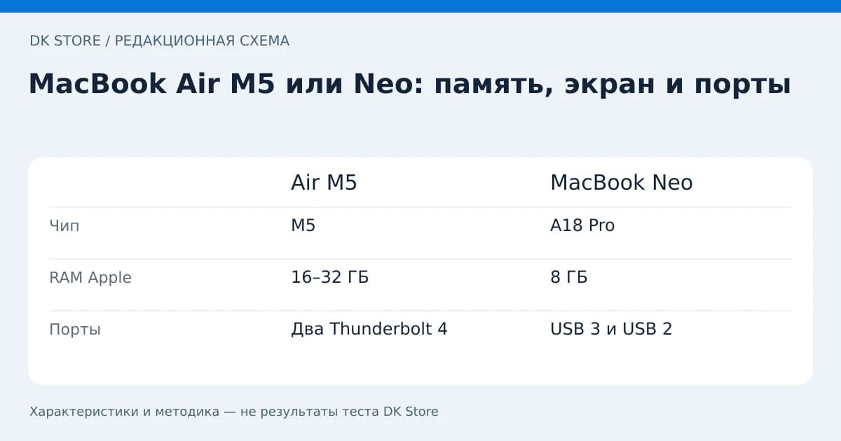 Сравнительная таблица Air M5 и MacBook Neo: Чип, RAM Apple, Порты
