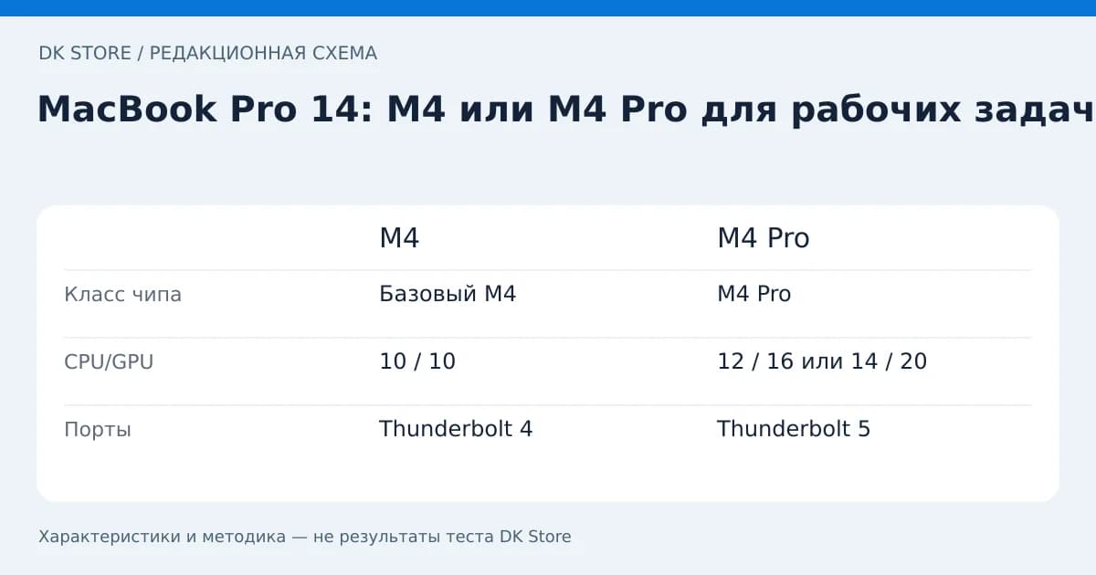 Сравнительная таблица M4 и M4 Pro: Класс чипа, CPU/GPU, Порты