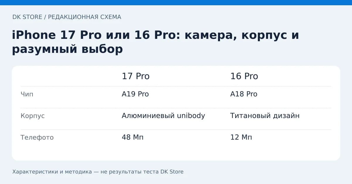 Сравнительная таблица 17 Pro и 16 Pro: Чип, Корпус, Телефото