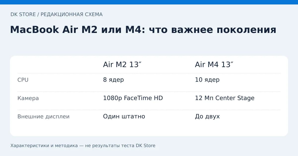 Сравнительная таблица Air M2 13″ и Air M4 13″: CPU, Камера, Внешние дисплеи