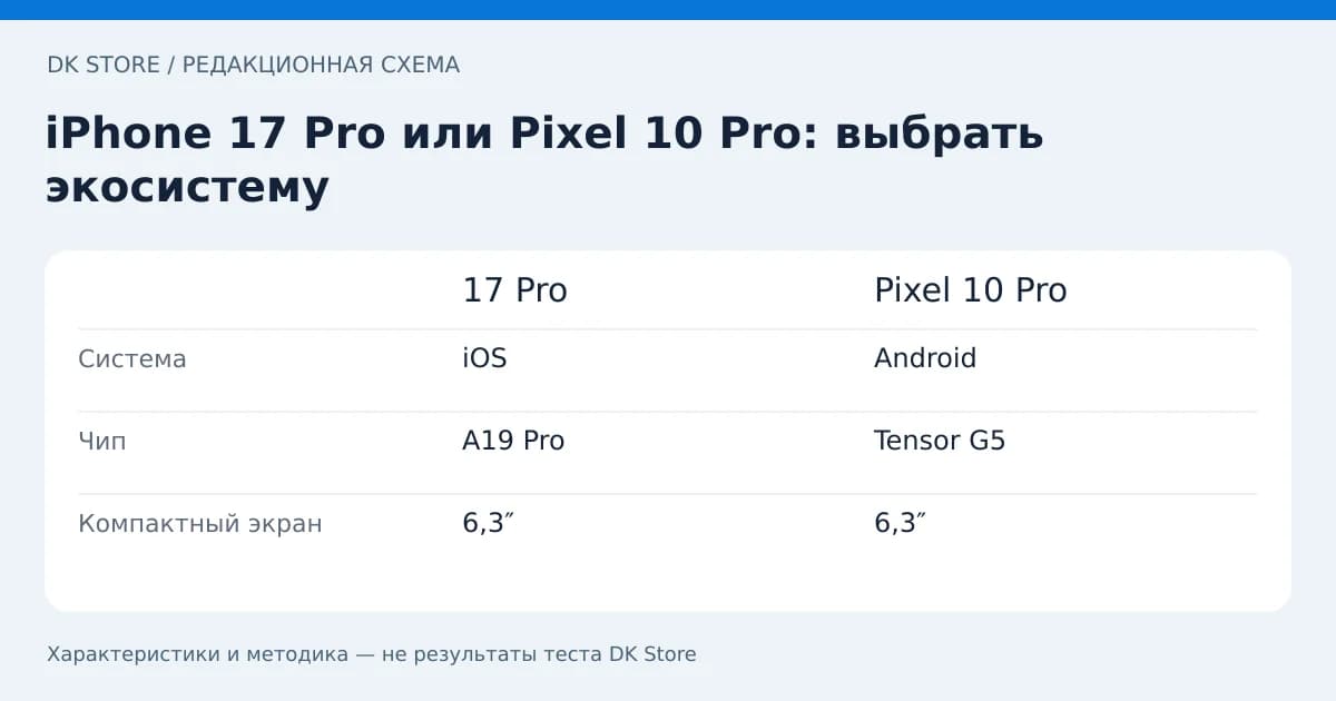 Сравнительная таблица 17 Pro и Pixel 10 Pro: Система, Чип, Компактный экран