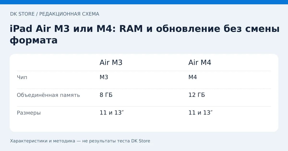 Сравнительная таблица Air M3 и Air M4: Чип, Объединённая память, Размеры